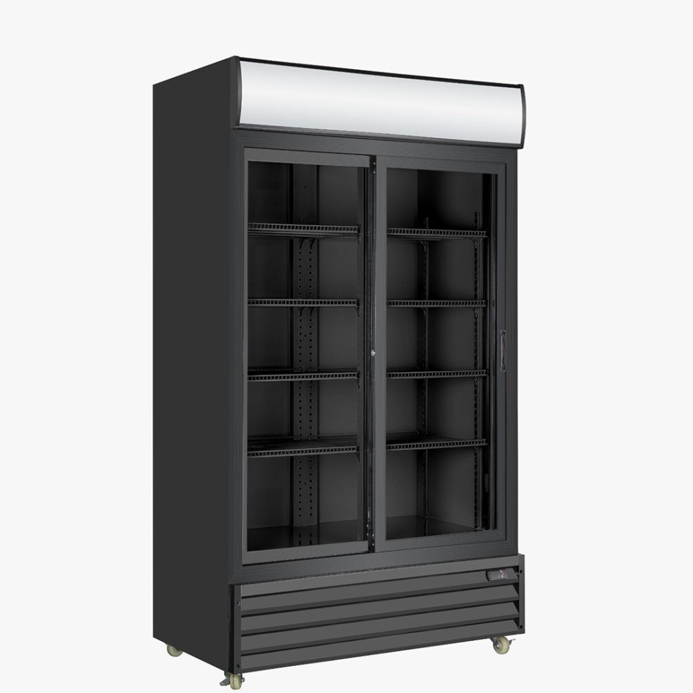 מקרר שתייה שחור עומד כפול דלת הזזה זכוכית 900 ליטר