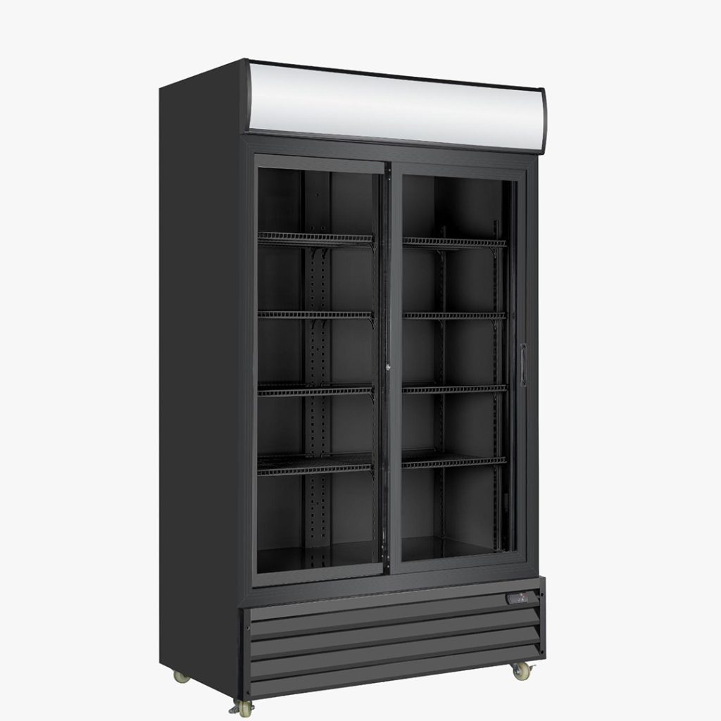 מקרר שתייה שחור עומד כפול דלת הזזה זכוכית 900 ליטר