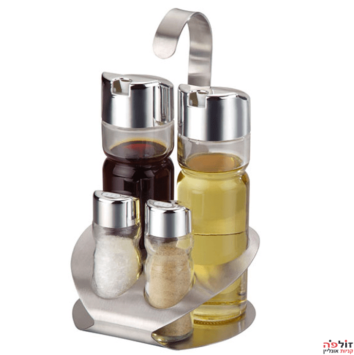סט מלח שמן חומץ + מלח פלפל + כלי לקיסמים סטנד נירוסטה מהודר