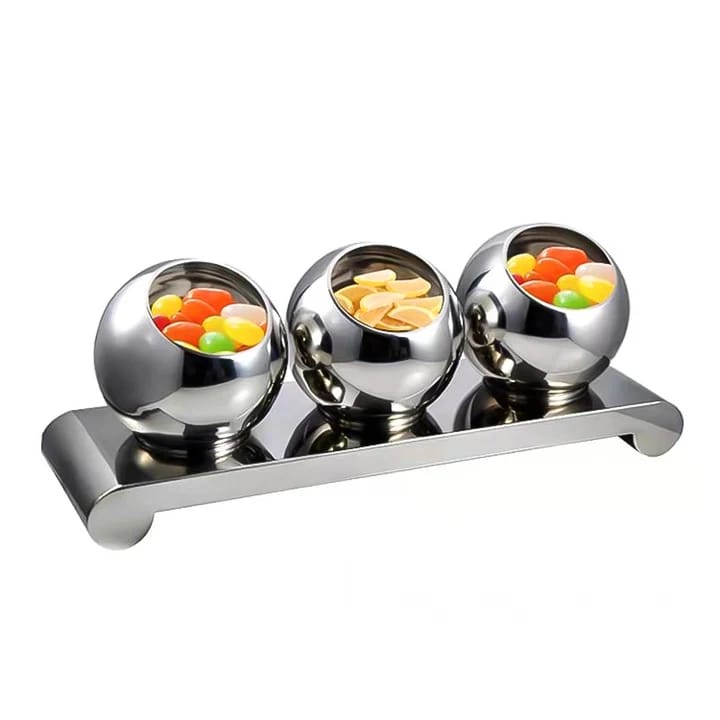 סטנד 3 כדורי נירוסטה + מגש נירוסטה דקורטיבי