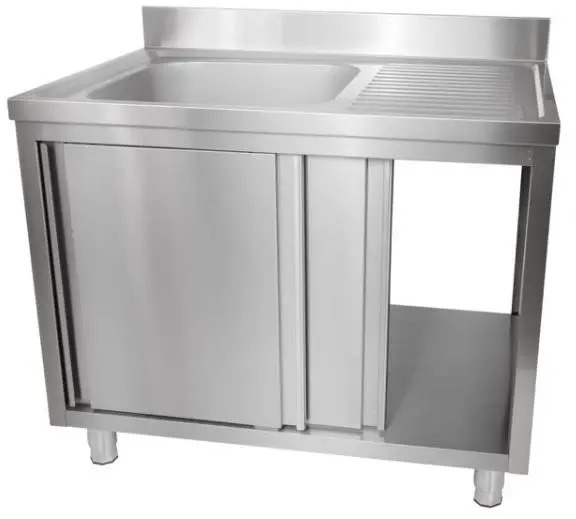 ארונית נירוסטה 1500/600/850 מ"מ + כיור צד ימין, דלתות ננעלות, נירוסטה 304 עבה