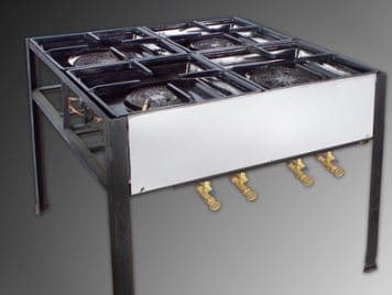 כיריים גז עם ארבע מבערים במידות 100X100 ובגובה 75 ס"מ עם אישור ממכון התקנים. דגמים: מבער 106 ומבער 108.