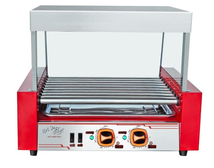 מכונת גריל נקניקיות שטוחה בצבע אדום - Pro Line עם 9 רולרים